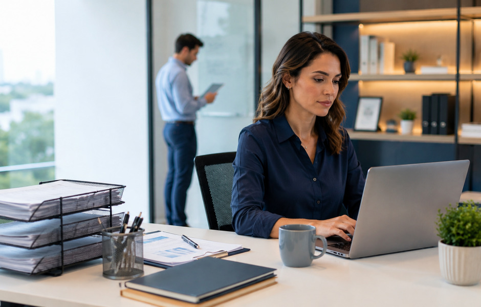Mulher focada trabalha em seu notebook em uma mesa de escritório organizada com cadernos, canecas e papéis. Ao fundo, um colega de trabalho aparece de pé, desfocado, mexendo em um tablet próximo a uma estante.