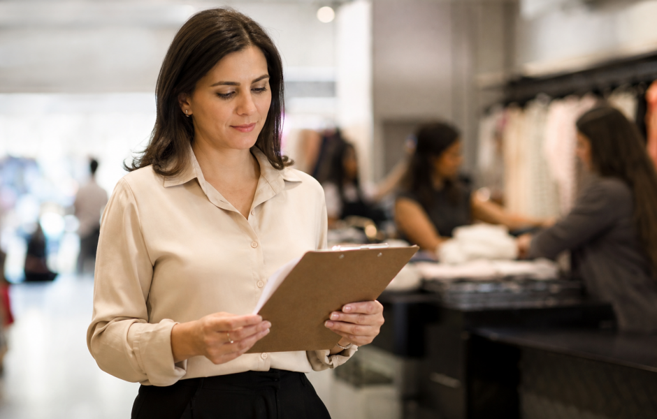 Persona de cabello oscuro y camisa beige observa concentradamente documentos en carpeta con pinza de madera en interior de tienda de ropa. Al fondo, en plano desenfocado, aprecianse estantes con prendas, mostradores y otras personas en movimiento.