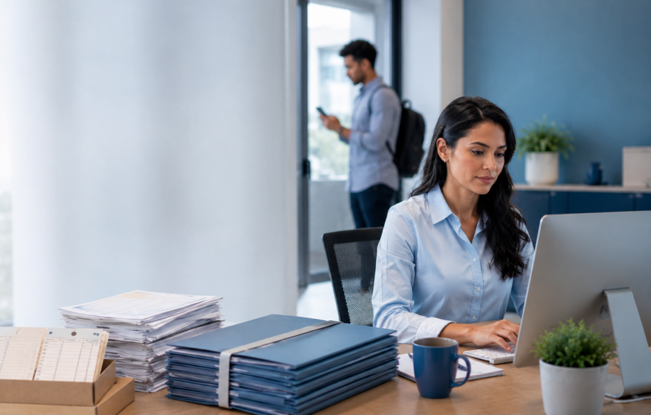 Mulher de cabelo escuro e camisa azul clara trabalha concentrada no computador em uma mesa de escritório. À sua frente, há grandes pilhas de papéis e pastas organizadas, uma caneca azul e um vaso de planta. Ao fundo, um colega de mochila nas costas caminha enquanto segura um celular próximo a uma porta de vidro.