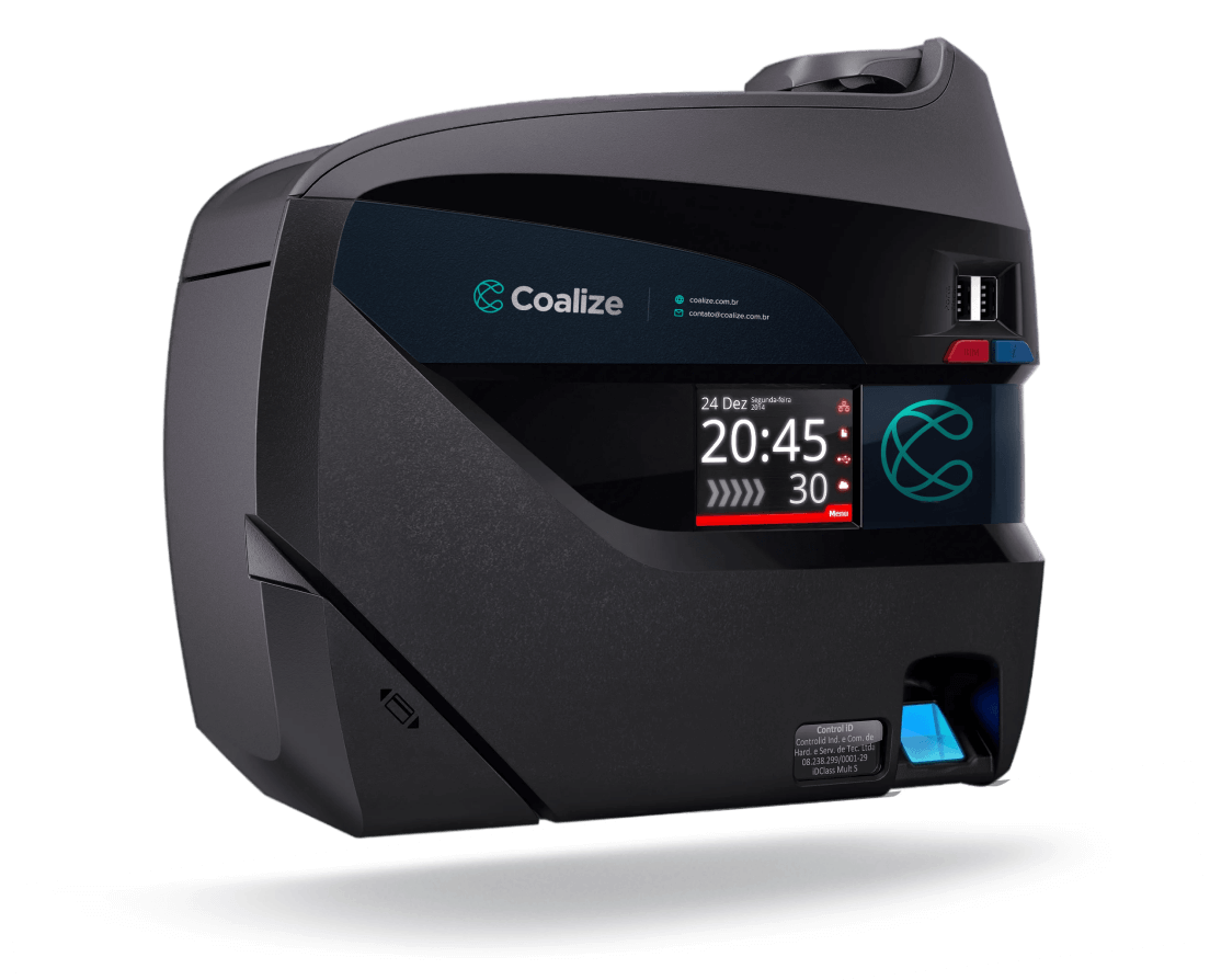 Relógio de ponto eletrônico da Coalize com display digital, leitor biométrico e design robusto, exibindo data e horário para registro de jornada.