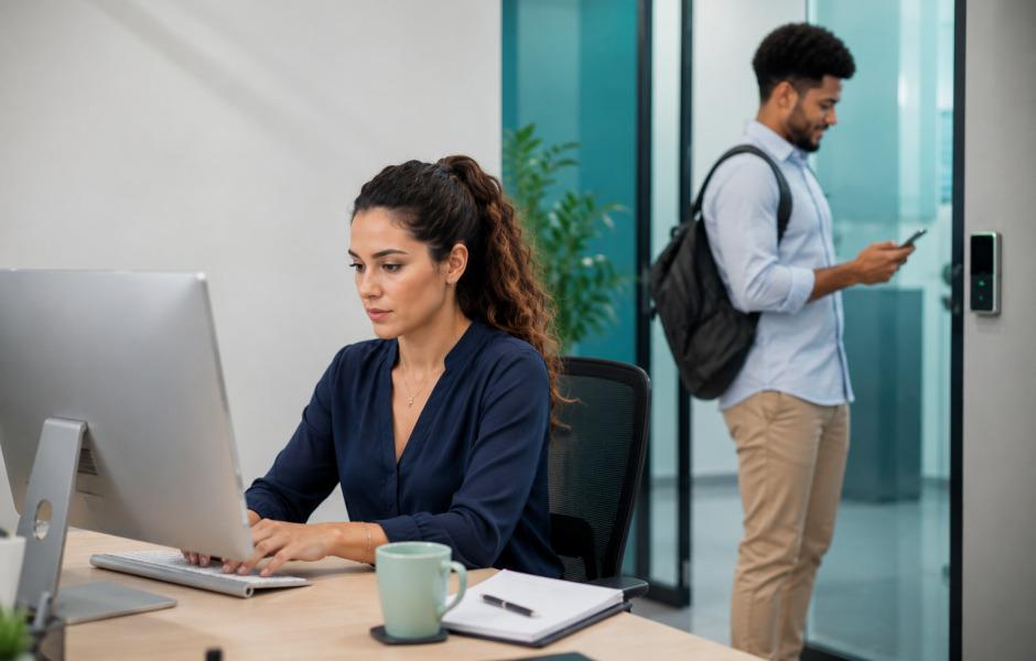 Uma mulher de camisa escura trabalha concentrada digitando em um computador desktop em sua mesa de escritório, onde há uma caneca e um caderno. Ao fundo, um homem com mochila nas costas e calça bege caminha em direção à porta de vidro enquanto mexe no celular.