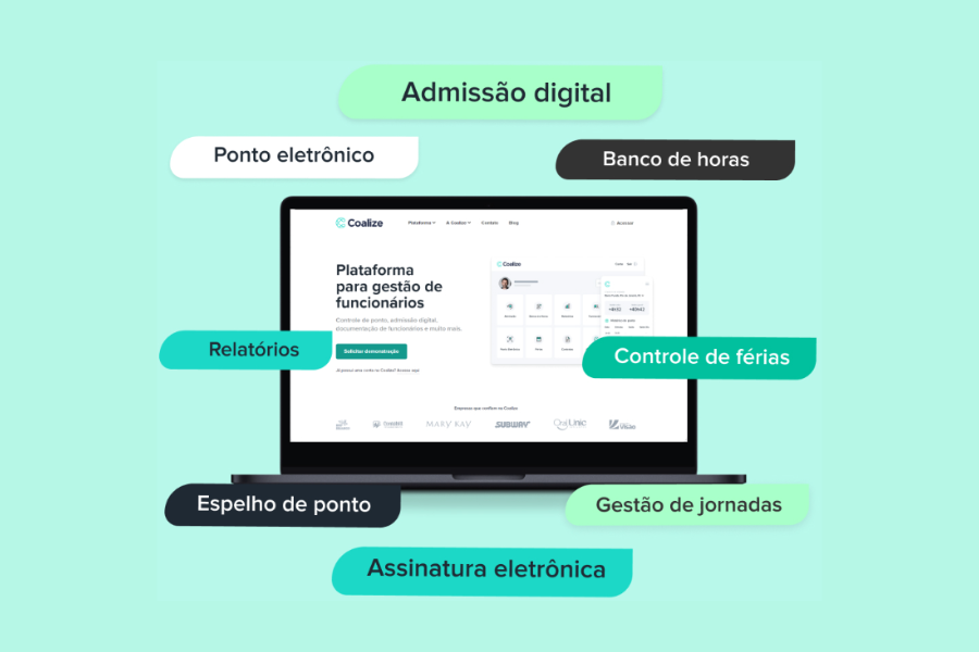 Imagem de uma plataforma digital para gestão de funcionários com recursos como assinatura eletrônica, controle de ferias e gestão de jornadas para facilitar o gerenciamento empresarial.