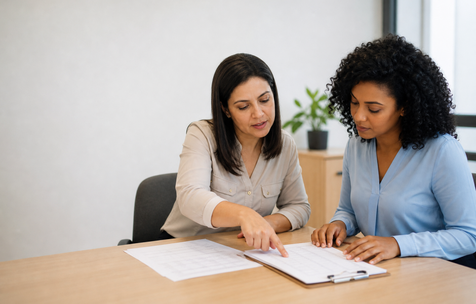 Duas mulheres estão sentadas lado a lado a uma mesa de escritório examinando papéis. A mulher à esquerda aponta para um ponto específico num documento na prancheta enquanto explica algo. A mulher à direita observa atentamente os relatórios com expressão focada e profissional.