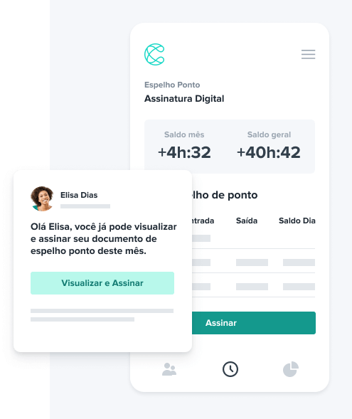 Interface mobile de "Assinatura Digital" exibindo saldo de horas e uma notificação para a usuária Elisa Dias visualizar e assinar o espelho de ponto do mês.