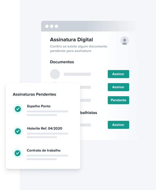 Tela de gestão de documentos com lista de assinaturas pendentes, incluindo itens como "Espelho Ponto", "Holerite" e "Contrato de trabalho" com botões de ação.