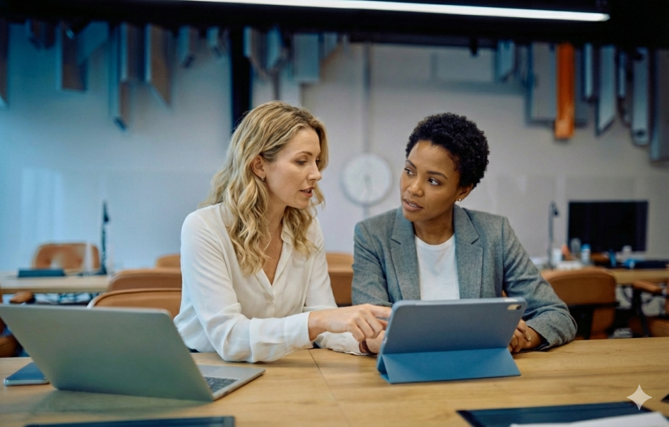 Duas mulheres em um ambiente de escritório moderno sentadas à mesa, conversando enquanto analisam informações em um tablet e um notebook.