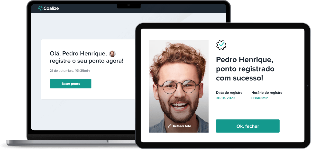 Demonstração do software Coalize em notebook e tablet, mostrando a tela de "Bater ponto" e a confirmação de registro realizado com sucesso por reconhecimento facial.