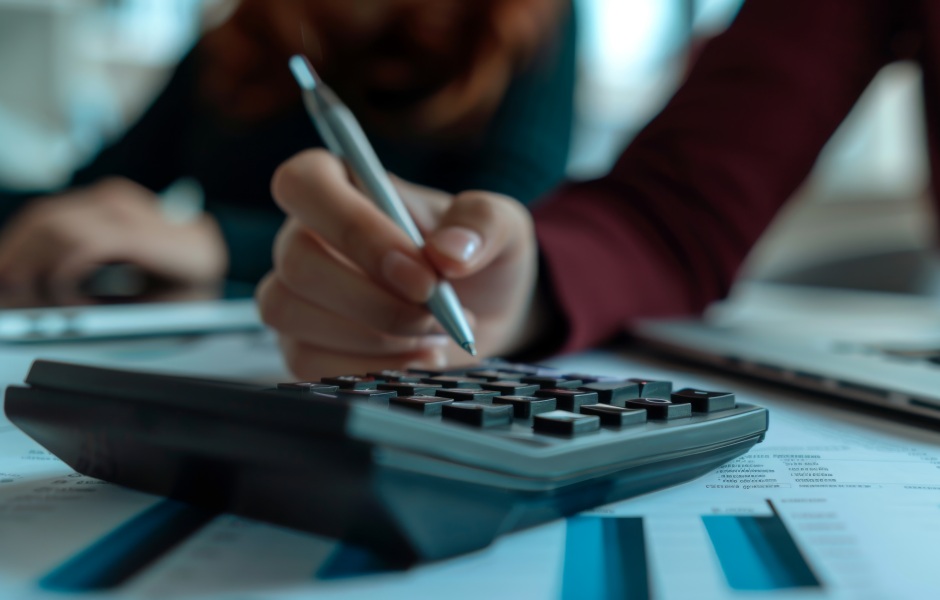 Pessoa usando calculadora sobre planilhas de banco de horas.