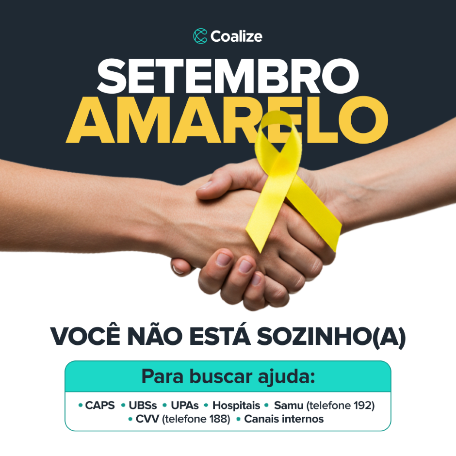 Imagem de apoio à campanha de conscientização do Setembro Amarelo, com duas mãos se cumprimentando e uma fita amarela, símbolo de prevenção ao suicídio, em destaque. Texto promove ajuda e apoio durante o mês dedicado à saúde mental.