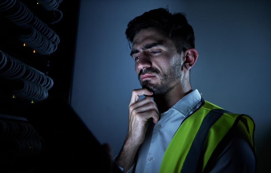 Técnico de colete refletivo analisa pensativo um equipamento em ambiente escuro de servidor ou datacenter.