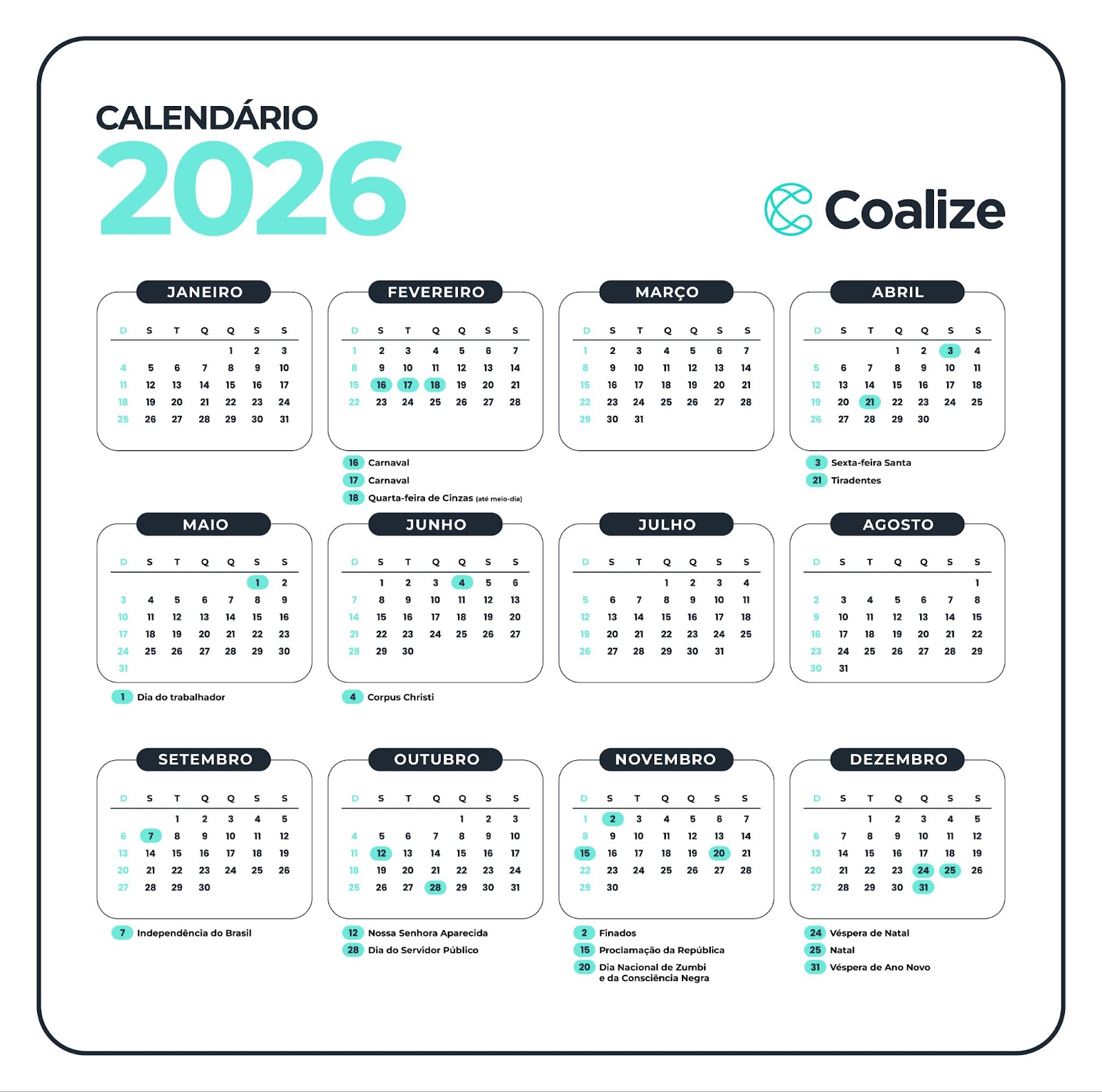 Calendário 2026 do Coalize com destaque para os feriados e eventos importantes ao longo do ano, incluindo Carnaval, Dia do Trabalhador e Natal.