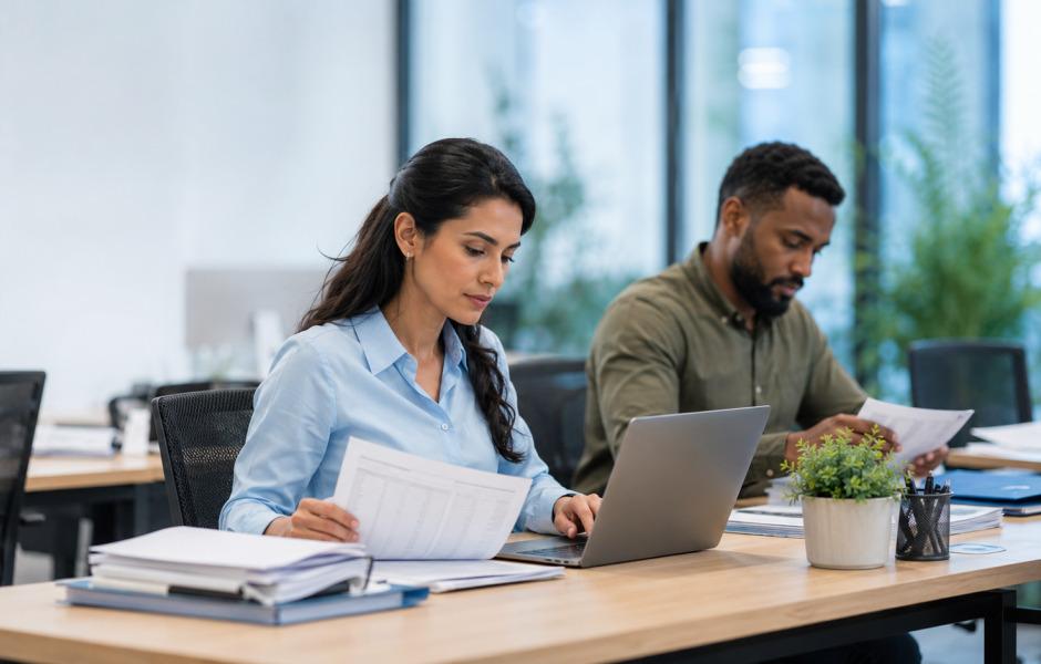 Mulher de camisa azul analisa papéis enquanto digita em seu notebook em um escritório compartilhado. Ao seu lado, um homem de camisa verde analisa outros documentos de forma concentrada.