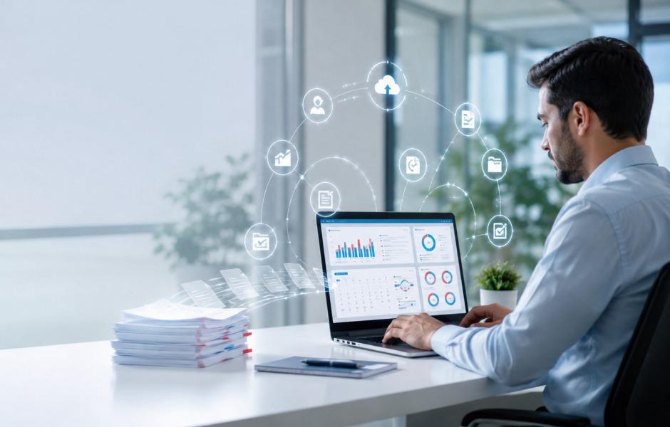 Profissional de camisa social trabalha em um notebook que exibe gráficos e indicadores em um escritório moderno. Ao lado do computador, uma pilha de documentos físicos é convertida digitalmente em ícones flutuantes de nuvem, dados e pastas, ilustrando a automação e digitalização de processos.