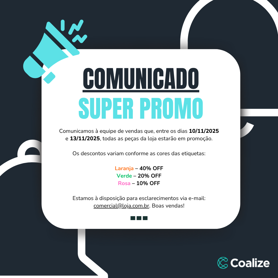 Comunicado de super promoção com descontos de até 40% na loja, válido entre 10 a 13 de novembro de 2025, com cores diferentes para cada promoção.